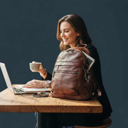 Geanta dama tip rucsac, Lucmark, piele naturala, compartimentare eficienta, design clasic, dimensiuni 25 x 10 x 27 cm, maro