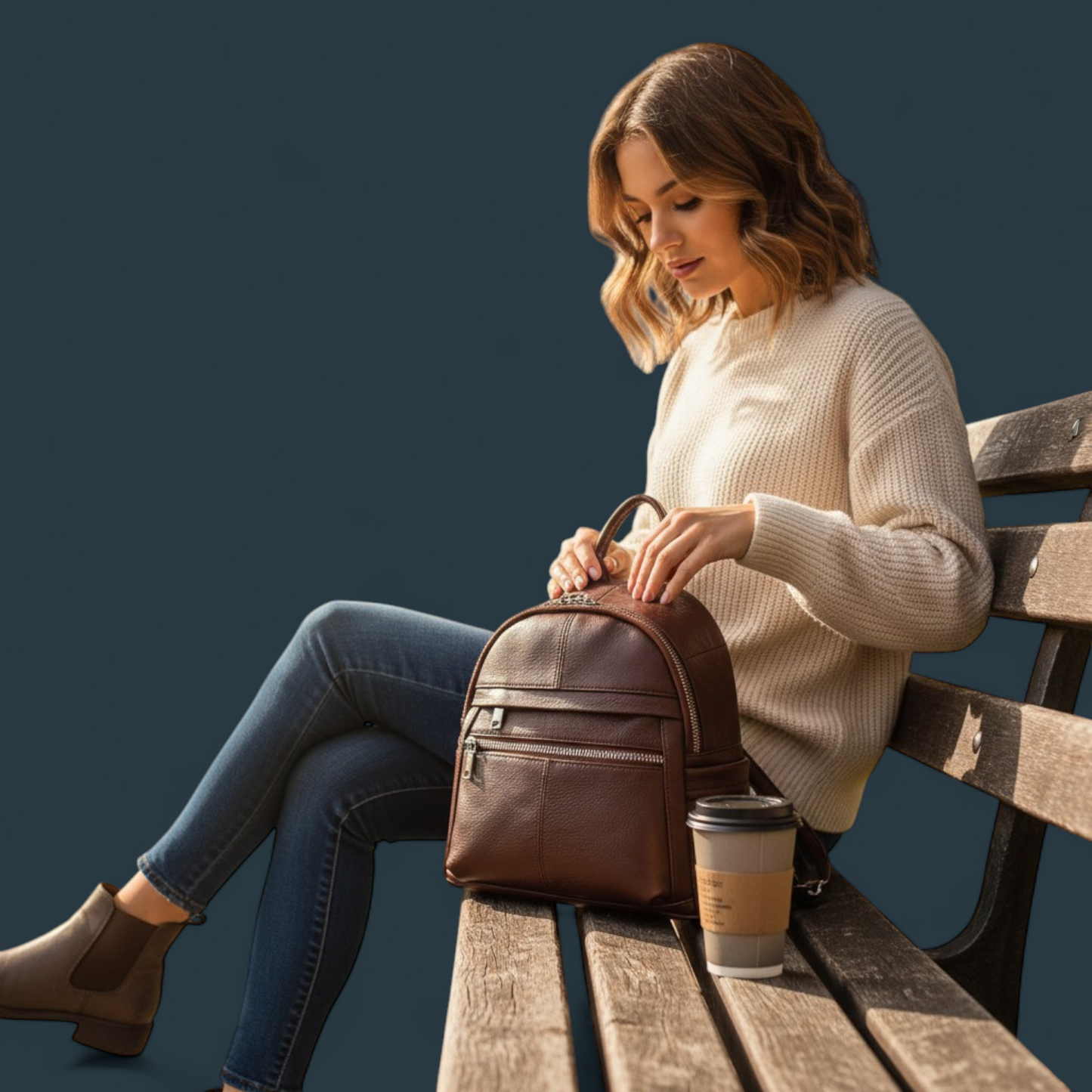 Geanta dama tip rucsac, Lucmark, piele naturala, compartimentare eficienta, design clasic, dimensiuni 25 x 10 x 27 cm, maro