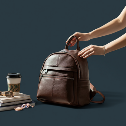 Geanta dama tip rucsac, Lucmark, piele naturala, compartimentare eficienta, design clasic, dimensiuni 25 x 10 x 27 cm, maro