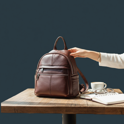 Geanta dama tip rucsac, Lucmark, piele naturala, compartimentare eficienta, design clasic, dimensiuni 25 x 10 x 27 cm, maro