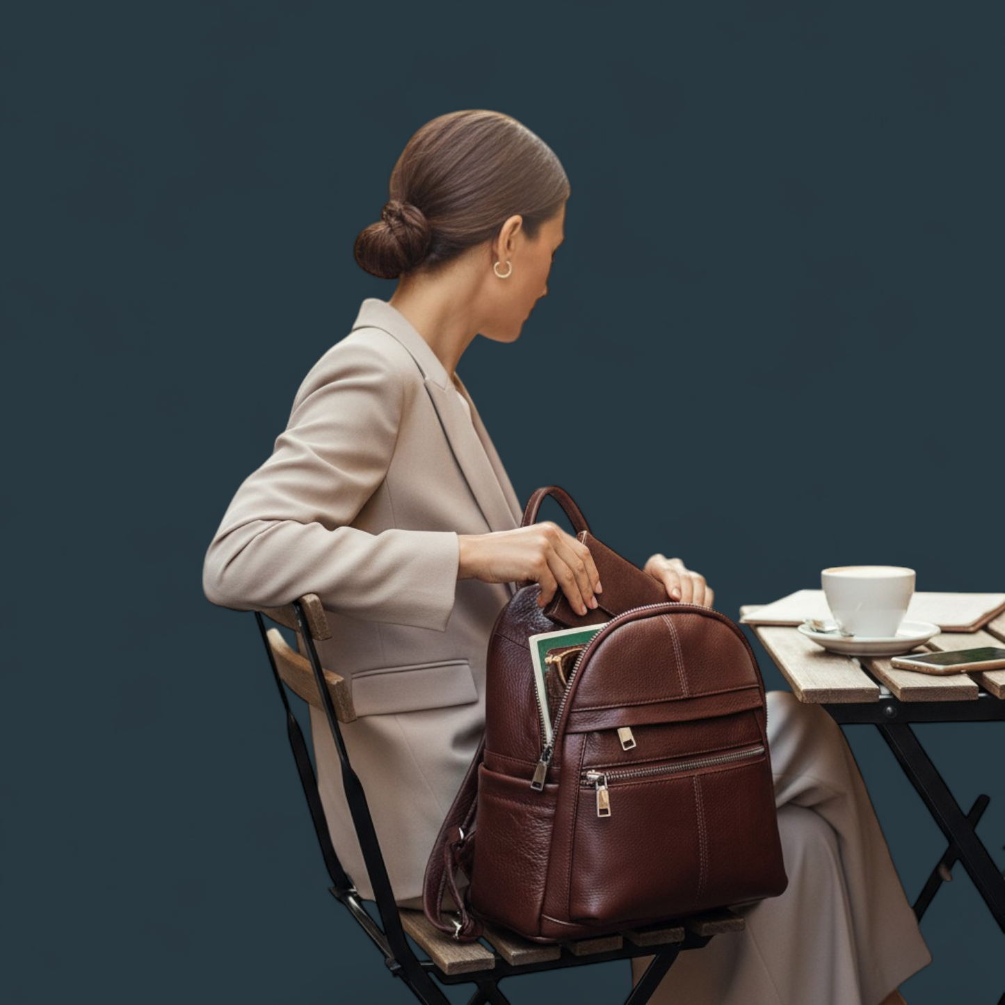 Geanta dama tip rucsac, Lucmark, piele naturala, compartimentare eficienta, design clasic, dimensiuni 25 x 10 x 27 cm, maro