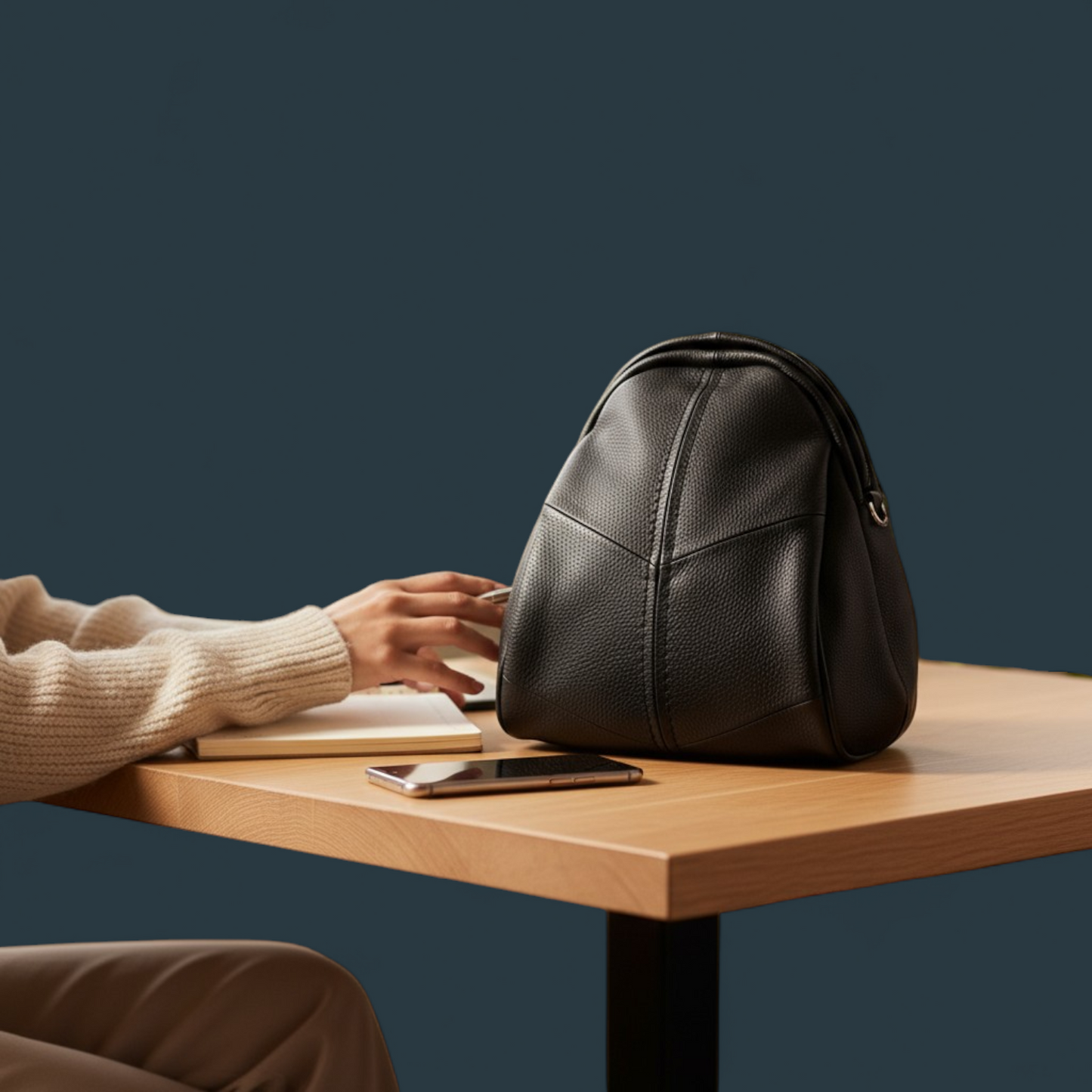 Geanta dama tip rucasc, Lucmark, piele naturala, design minimalist, compartimentare eficienta, dimensiuni 29,5 x 15 x 23,5 cm, negru