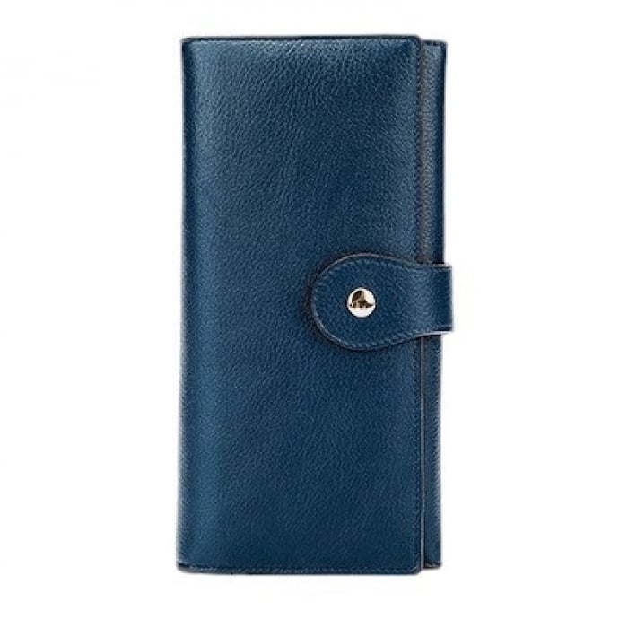 Portofel dama din piele naturala, Lucmark, dimensiuni 19.2 x 9.5 x 2.5 cm, antimagnetic, protectie RFID, capacitate mare, compartimente pentru telefon, inchidere cu capsa, Albastru