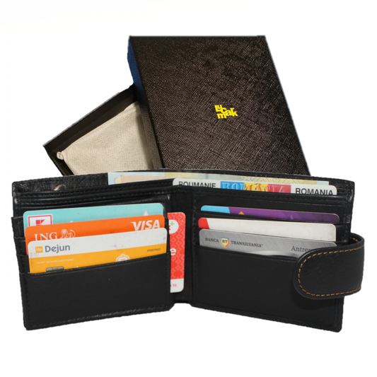 Portofel pentru barbati, Lucmark, piele naturala, dimensiuni 11 x 1, 5 x 9, 5 cm, inchidere cu capsa, buzunar pentru bancnote cu fermoar, protectie RFID, negru