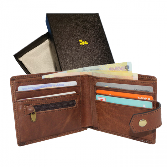 Portofel pentru barbati, Lucmark, Piele naturala, Dimensiuni 12 x 1 x 9 cm - Protectie RFID, Culoare Cafea